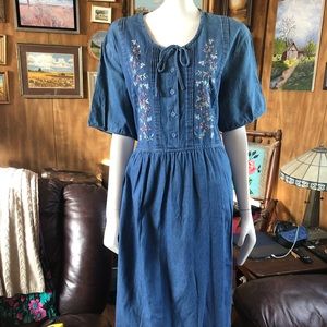 Vintage Embroidered Cottagecore Denim Dress